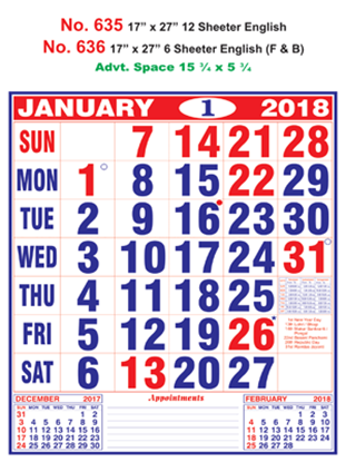 R636  EnglishF&B) Monthly Calendar 2018 Online Printing
