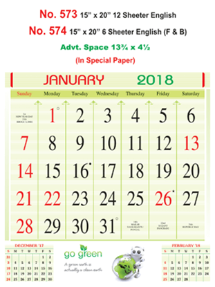 R574 English(F&B) Monthly Calendar 2018 Online Printing