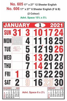 R605 English Monthly Calendar Print 2021