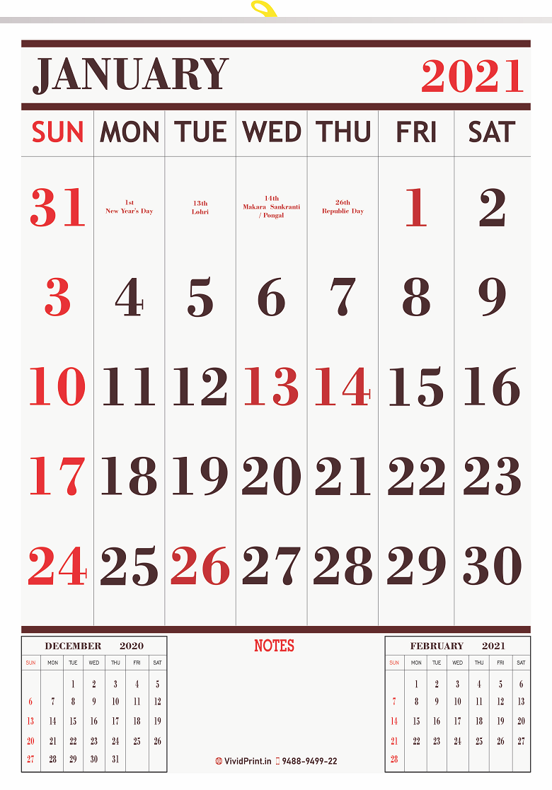 V809 13x19" 12 Sheeter Monthly Calendar Printing 2021