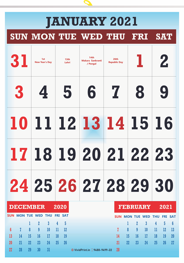 V831 13x19" 12 Sheeter Monthly Calendar Printing 2021