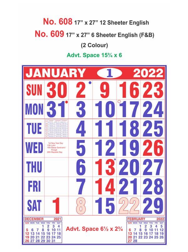 R608 English Monthly Calendar Print 2022