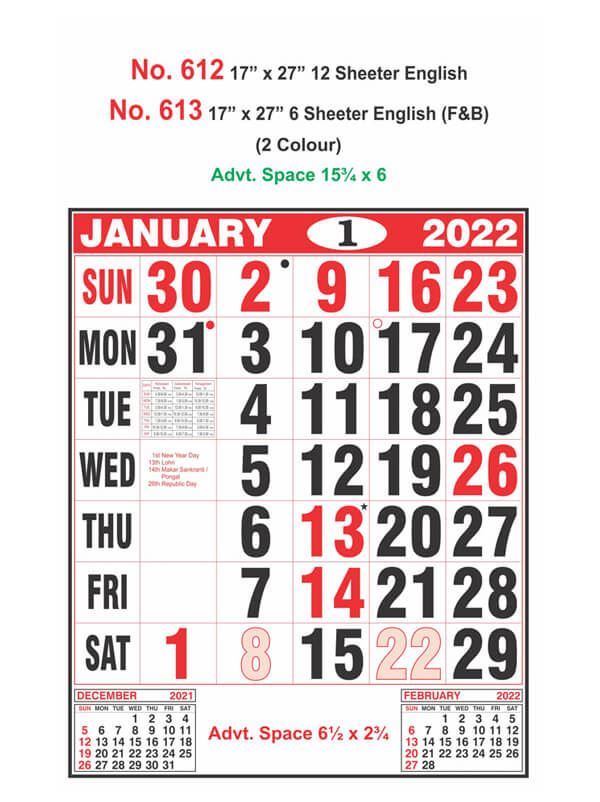 R613 English(F&B) Monthly Calendar Print 2022