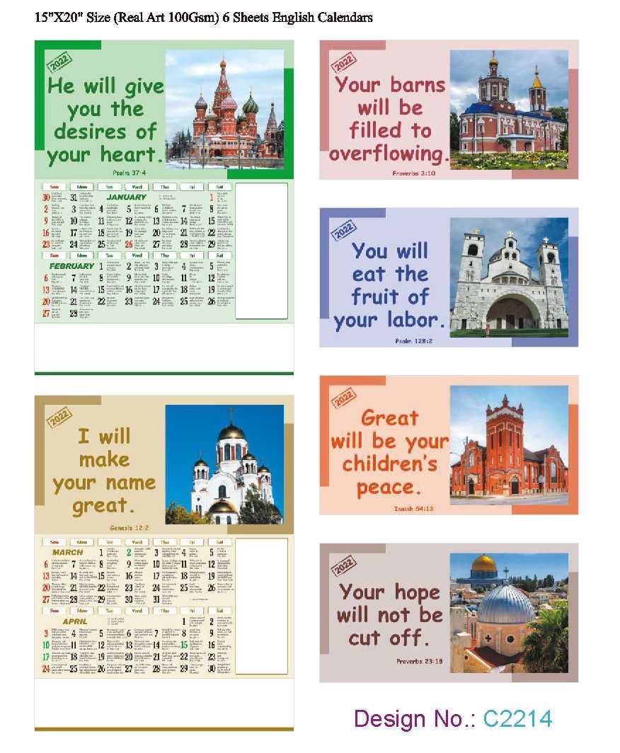 C2214 6 Sheeter Bi-Monthly English Christian Calendars printing 2022