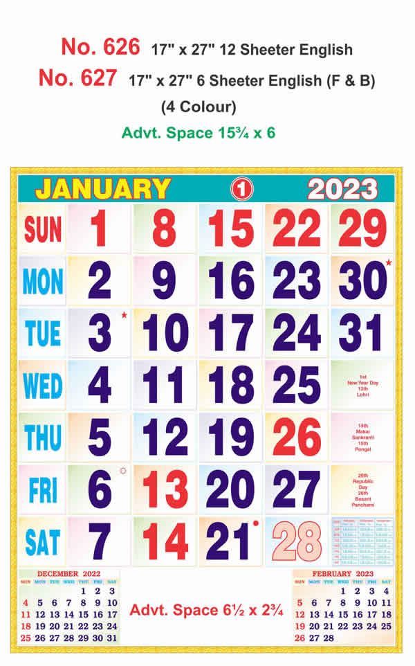 R626 English Monthly Calendar Print 2023