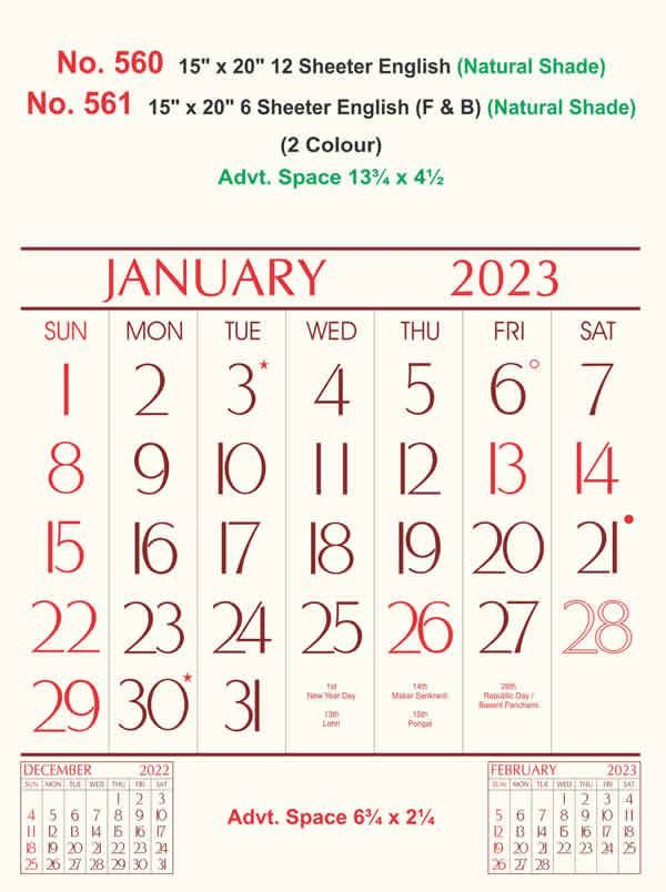 R560 English(NS paper) Monthly Calendar Print 2023