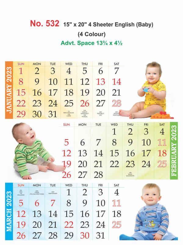 R532 English(Baby) 4 Sheeter Monthly Calendar Print 2023