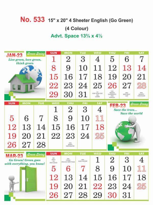 R533 English(Go Green) 4 Sheeter Monthly Calendar Print 2023