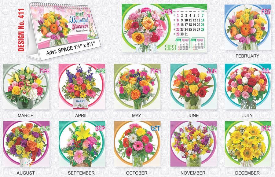T411 Beautiful Flowers - Table Calendar With Planner Print 2023