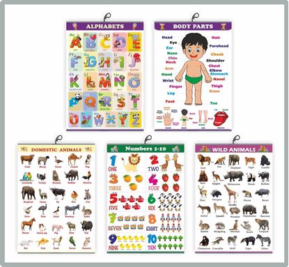 Early Learning Educational Charts set for Kids | 50X71 cm | Set of 5 | Non-Tearable and Waterproof | Double Sided Laminated | Perfect for Home, Kindergarten schooling, and Nursery Students | Alphabet, Numbers, Animals and Good Habit Wall Chart	