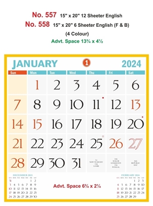 R557 English Monthly Calendar Print 2024