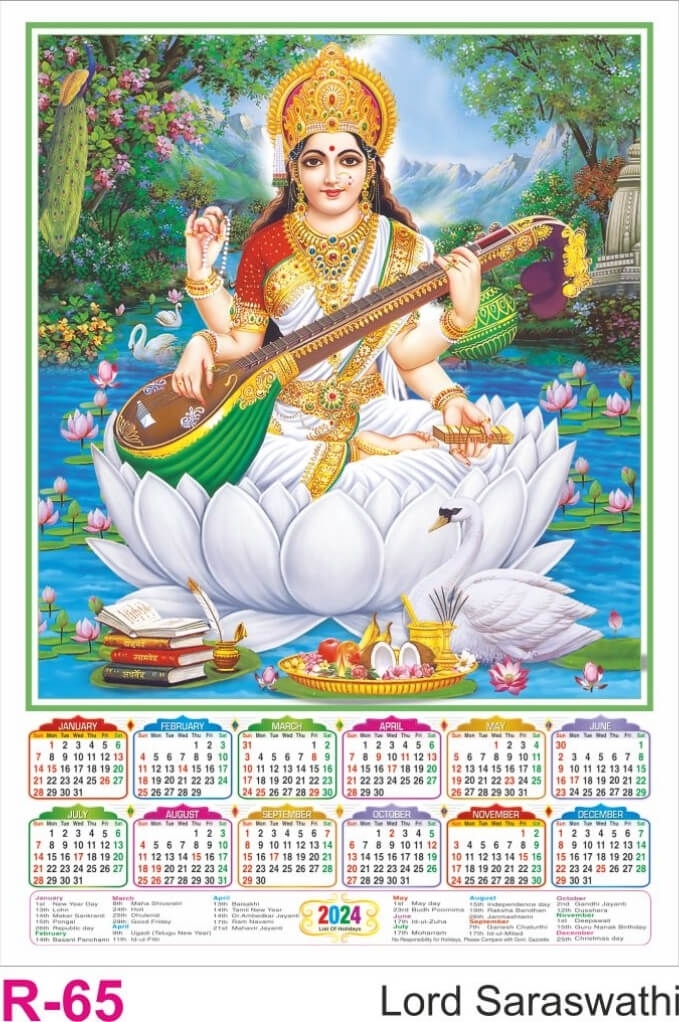 R65 Lord  Saraswathi Plastic Calendar Print 2024