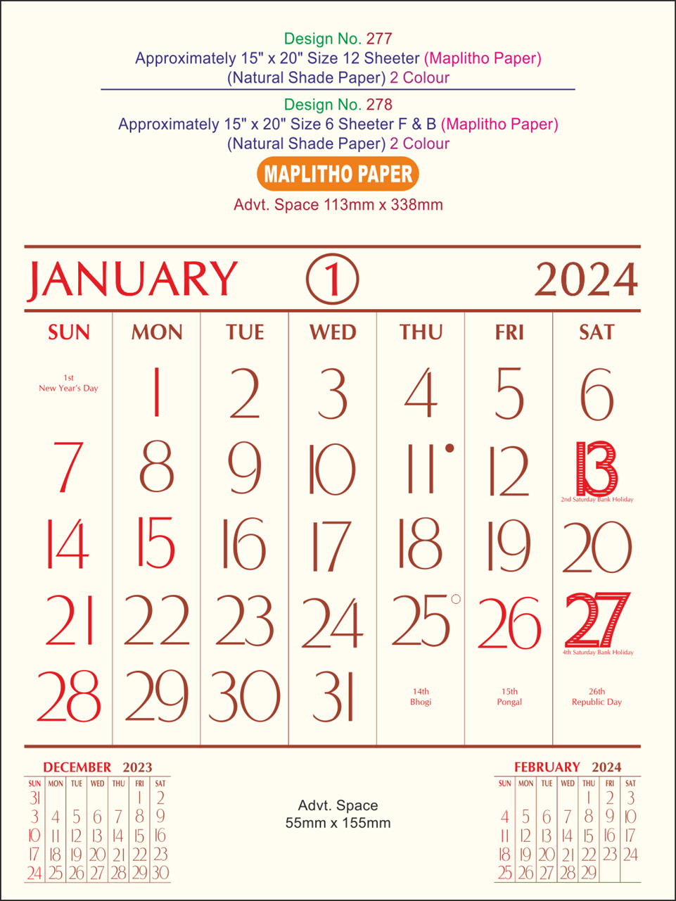 P277 English Monthly Calendar Print 2024