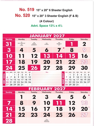 R519&20 English Calendar 15x20" 6,3 Sheeter monthly wall calendar printing 2027